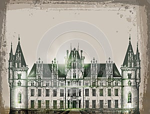 Chateau, France. Hand drawn pencil sketch vector photo