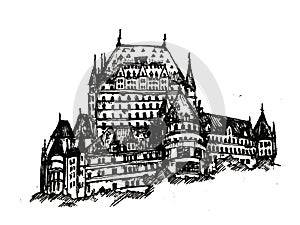 Chateau Frontenac vector hand drawn black and white illustration