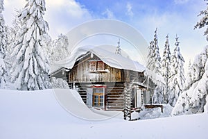 Chateau in the winter mountains, a hut in the snow. Winter mountain landscape. Karkonosze, Poland