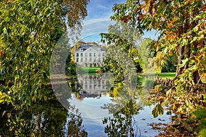 Chateaubriand house with water reflection in Vallee aux Loups arboretum near Paris France