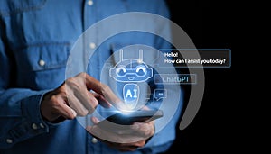 ChatGPT with AI, Artificial Intelligence. Man using a smartphone chatting with an intelligent artificial intelligence asks for the photo