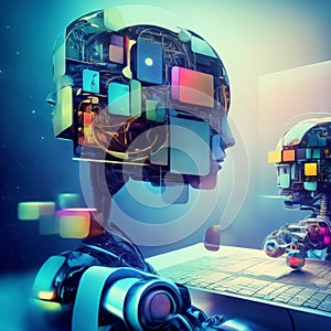 Chatgpt bot writing answers with pen on paper, Generative AI