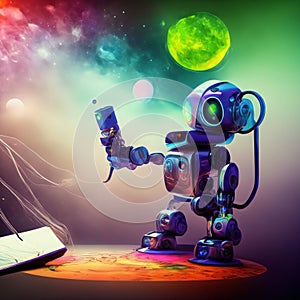 Chatgpt bot writing answers with pen on paper, Generative AI