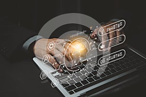 ChatGPT Chat with AI or Artificial Intelligence. Digital chatbot, robot application, OpenAI generate. Futuristic technology