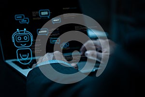 ChatGPT Chat with AI or Artificial Intelligence. Digital chatbot, robot application, OpenAI generate. Futuristic technology, Man