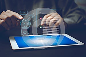 ChatGPT Chat with AI or Artificial Intelligence. Digital chatbot, robot application, OpenAI generate. Futuristic technology, Man