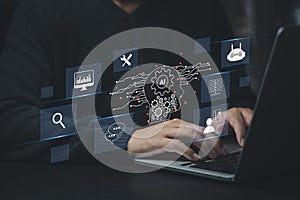 ChatGPT Chat with AI or Artificial Intelligence. Digital chatbot, robot application, OpenAI generate. Futuristic technology, Man