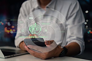 ChatGPT Chat with AI or Artificial Intelligence. Digital chatbot, robot application, OpenAI generate. Futuristic technology, Man