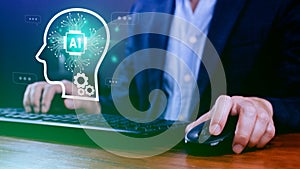 ChatGPT Chat with AI or Artificial Intelligence, using touch AI icon on virtual screen, robot application, Digital chatbot, OpenAI