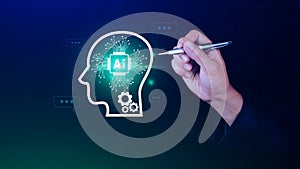 ChatGPT Chat with AI or Artificial Intelligence, using touch AI icon on virtual screen, robot application, Digital chatbot, OpenAI