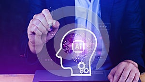 ChatGPT Chat with AI or Artificial Intelligence, using touch AI icon on virtual screen, robot application, Digital chatbot, OpenAI