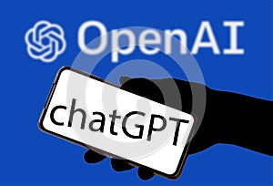 ChatGPT chatbot with artificial intelligence with one hand showing a cell phone with white screen