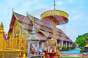 Chatra parasol in front of Viharn Luang, Wat Phra That Hariphunchai Temple, Lamphun, Thailand