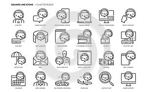 Chatter robot related, square line vector icon set