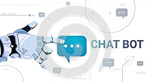 Chatter Service App Concept Robot Hand Touch Chat Bubble Template Banner With Copy Space, Chatterbot Technical Support photo
