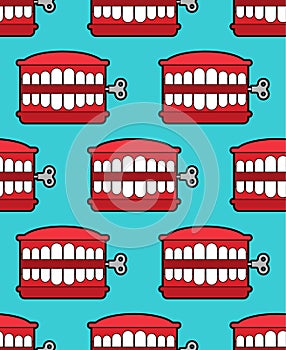 Chatter teeth toy pattern seamless. April Fools Day ornament. Jaw toy background vector photo