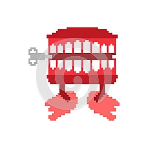 Chatter teeth toy pixel art. April Fools Day symbol. 8 bit Jaw t