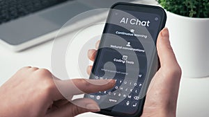 Chatting with artificial intelligence online. Writing prompt and asking GPT language model. Ai chat bot is having a
