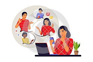 Chatting concept. Woman at desktop chatting with friends online. Concept video conference, remote work. Vector illustration. Flat