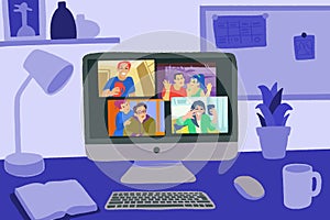 Chatting with friends or family online. Virtual party, meet up, video conference. photo