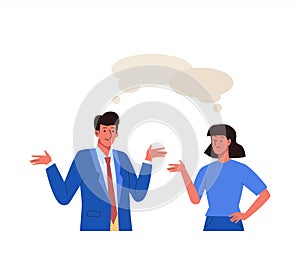 Chatting man and woman with speech bubbles. Business people meet and talk with each other