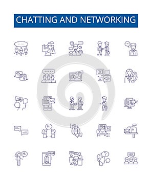 Chatting and networking line icons signs set. Design collection of Chatting, Networking, Messaging, Socializing photo