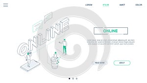 Chatting online - line design style isometric web banner