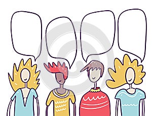 Chatting peoples and speech bubbles in cartoon style vector illustration. Social media influence concept