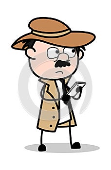 Chatting in Phone - Retro Cartoon Police Agent Detective Vector Illustration