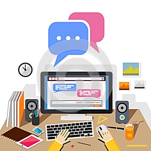 Chatting on social website or social media application with desktop. Chatting concept illustration