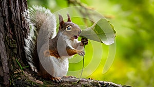 Chatty Squirrel\'s Leafy Speech. Concept Nature Photography, Animal Communication, Wildlife