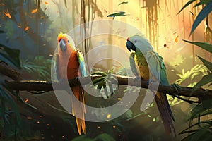 Chatty Tropical forest parrots. Generate Ai