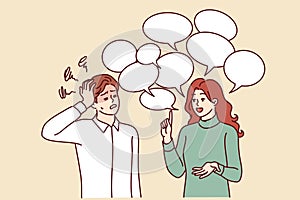 Chatty woman irritates man does not want to listen to girl standing among speech bubbles