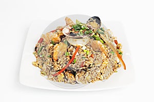 chaufa rice recipe with prawns, mussels, scallops, squid, vegetables, scrambled eggs photo