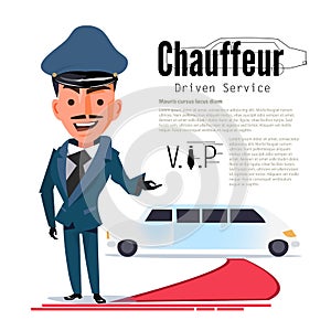 Chauffeur. character design with typographic for design your header. red capet - vector photo