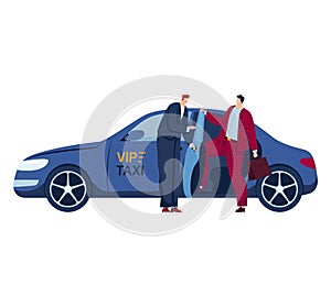 Chauffeur opening door for businessman with briefcase at VIP taxi. Luxury transport service with professional driver