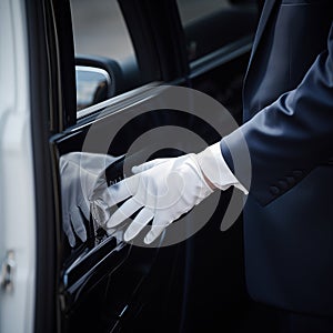 Chauffeur white gloved hand reaching for car black door handle