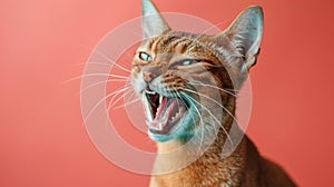 Chausie, angry cat baring its teeth, studio lighting pastel background