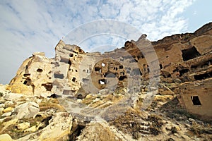 Chavushin, Turkey - 09/17/2009: Chavushin fortress carved in the rocks of Cappadocia