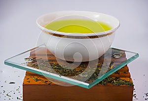 Chawan with green teas on a white background