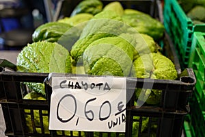 Chayota vegetable peer on local market on Tenerife island, Canary islands, Spain photo