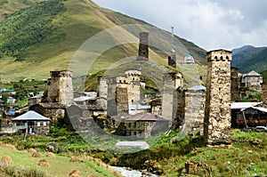 Chazhashi village with fortified medieval towers,part of highest European settlement Ushguli,Svaneti, Georgia, Caucasus, unesco h