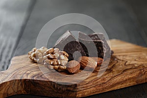 Chcolate pieces with almonds and walnuts