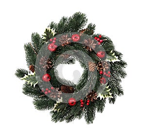 .ChCristmas wreath with holly, ivy, mistletoe, fir and pine cones isolated on white background