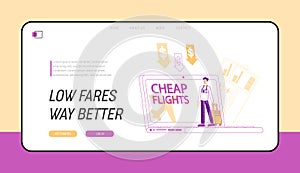 Cheap Flight, Low Cost Airline Offer, Profitable Promotion Landing Page Template. Tiny Male Character Tourist