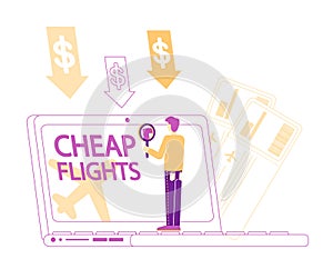 Cheap Flight Special Offer, Low Cost Airline Discounter Concept. Tiny Male Character Buying Airplane Tickets Online