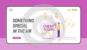 Cheap Flight Special Offer, Low Cost Airline Discounter Landing Page. Tiny Male Character Buying Airplane Tickets