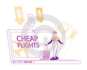 Cheap Flight, Travel Budget Concept. Tiny Female Character with Baggage Stand at Huge Laptop with Low Cost Tickets