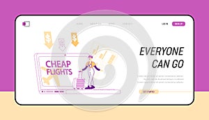Cheap Flight, Travel Budget Landing Page Template. Tiny Female Character Stand at Huge Laptop with Low Cost Tickets