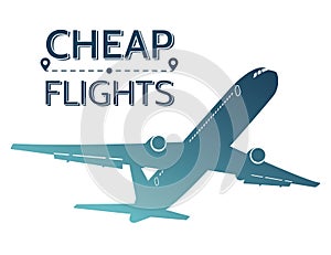 Cheap flights illustration. Silhouette of flying airplane on white background. Travel offers.